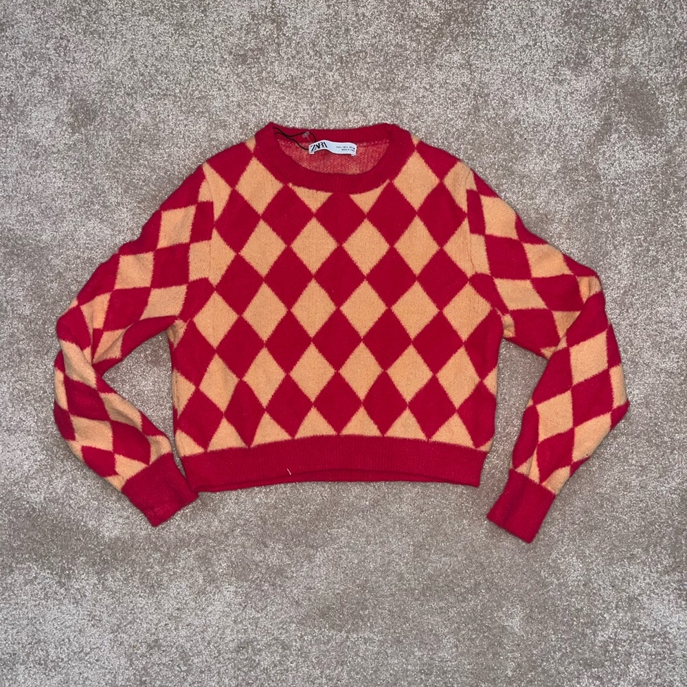 Zara Orange and Cream Crew Neck Sweater